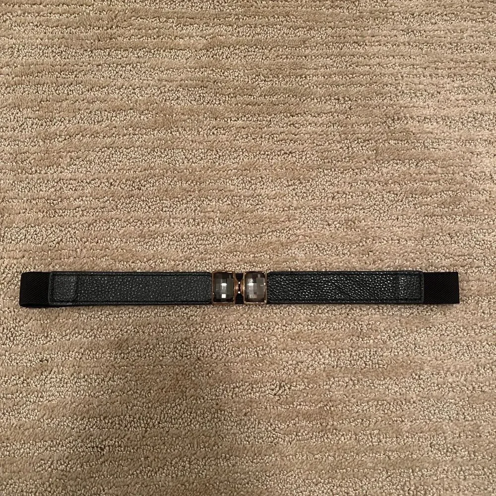 Elise M. Elastic Black Leather Belt With Black Gem